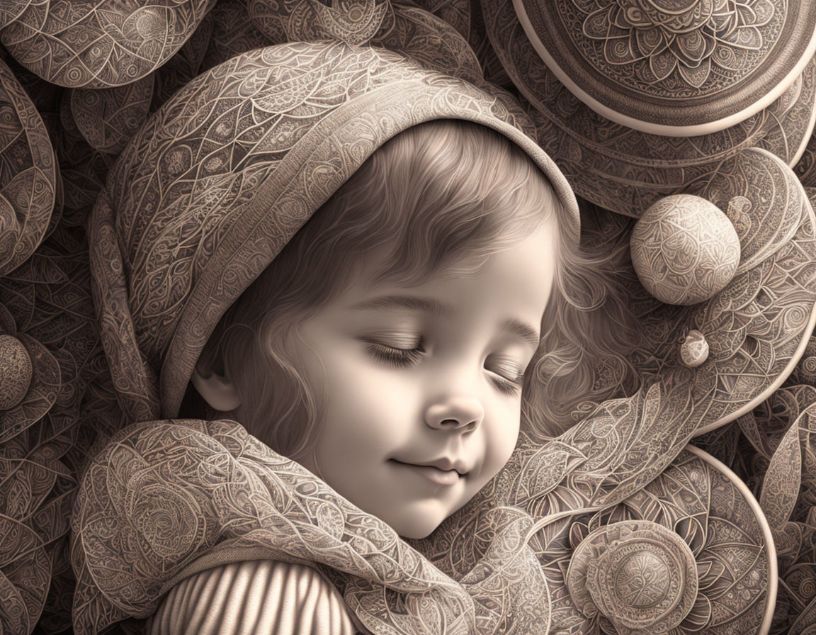 Illustration of Sleeping Child Surrounded by Lace-like Patterns