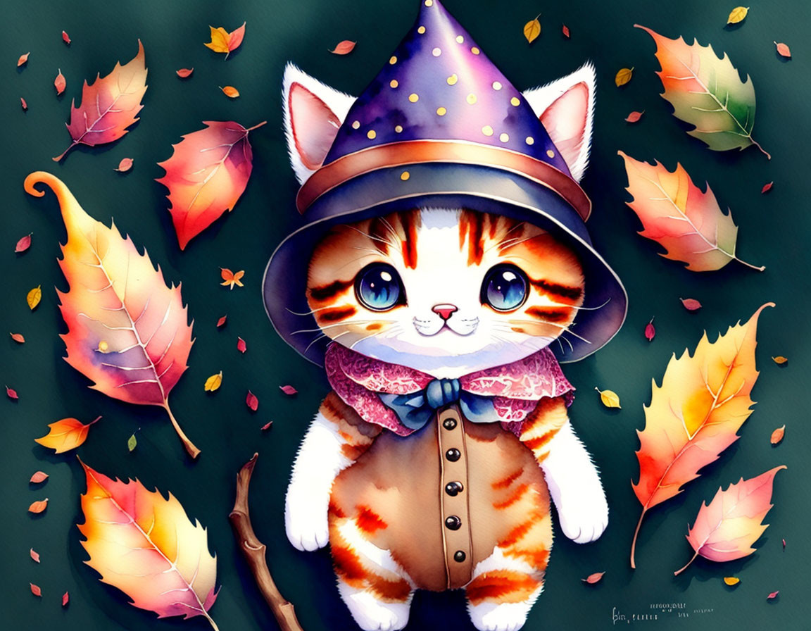 Orange and White Cat in Witch Hat and Coat Surrounded by Autumn Leaves