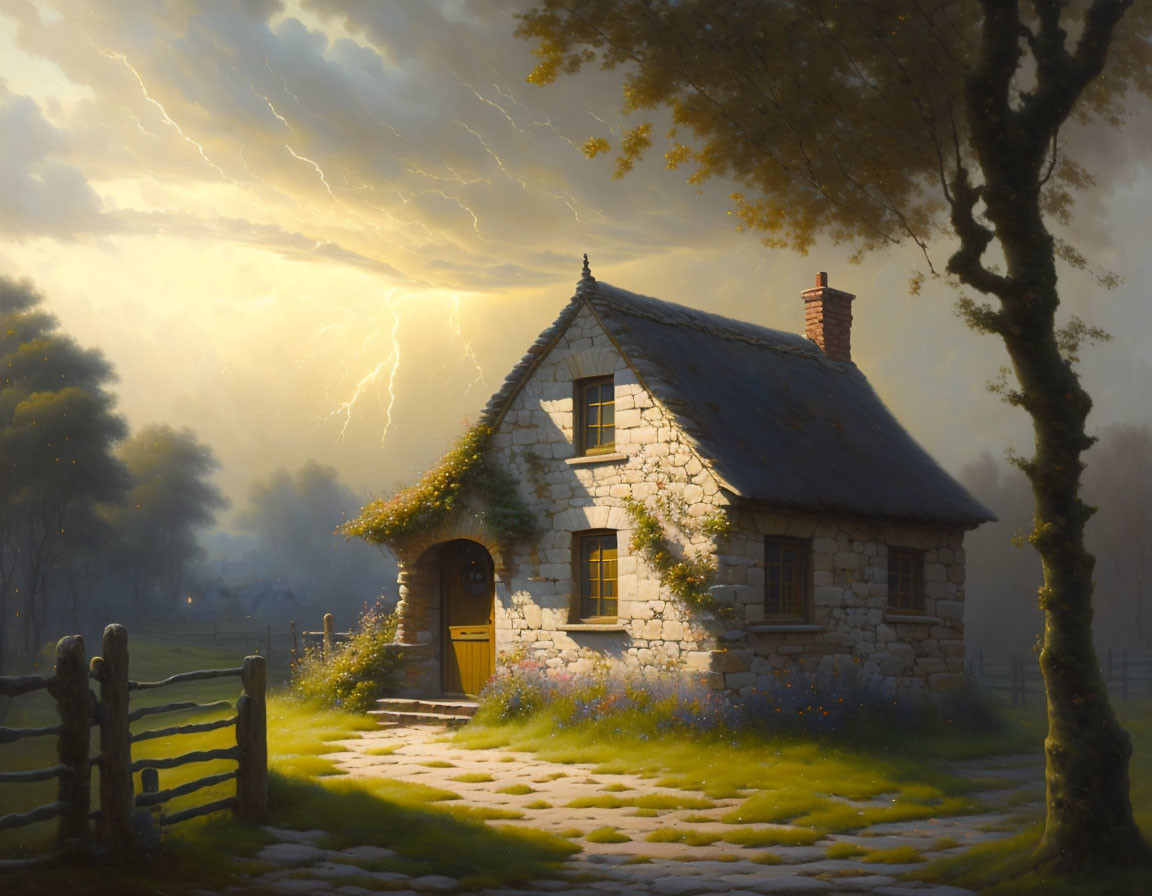 Stone cottage with yellow door in lush setting under dramatic sky