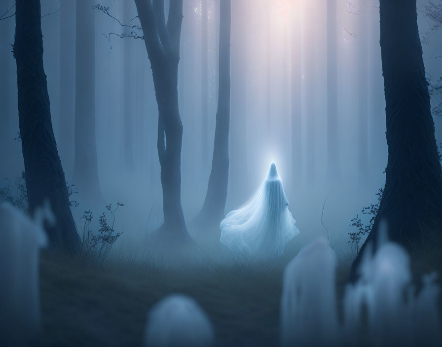 Spectral figure in white walking through misty forest