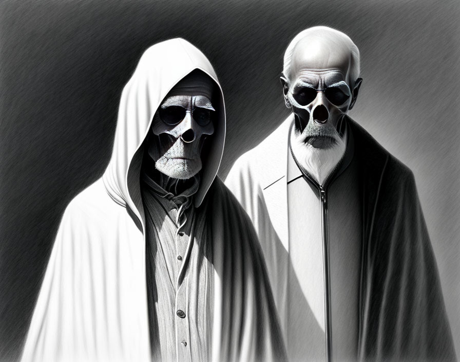 Monochromatic stylized figures with skull-like faces in hooded robe and suit with sunglasses.