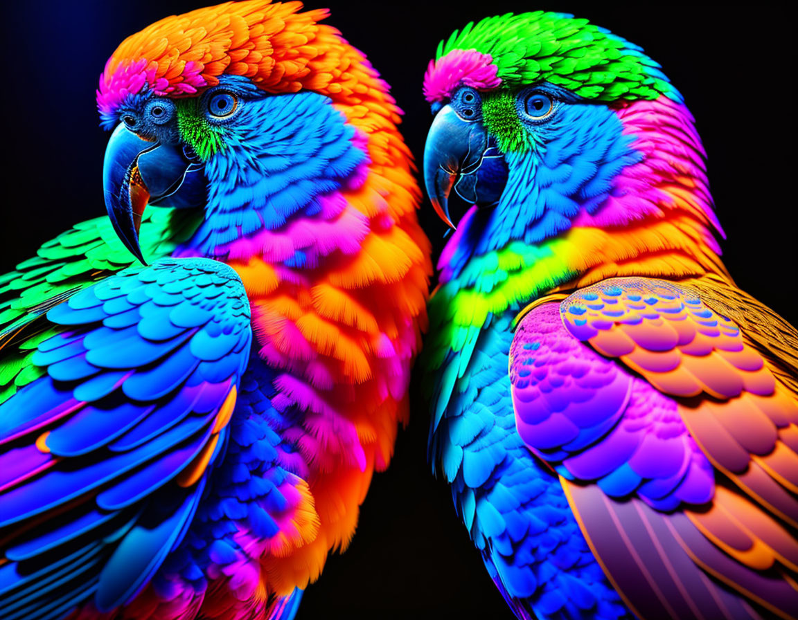 Colorful Neon Parrots on Dark Background