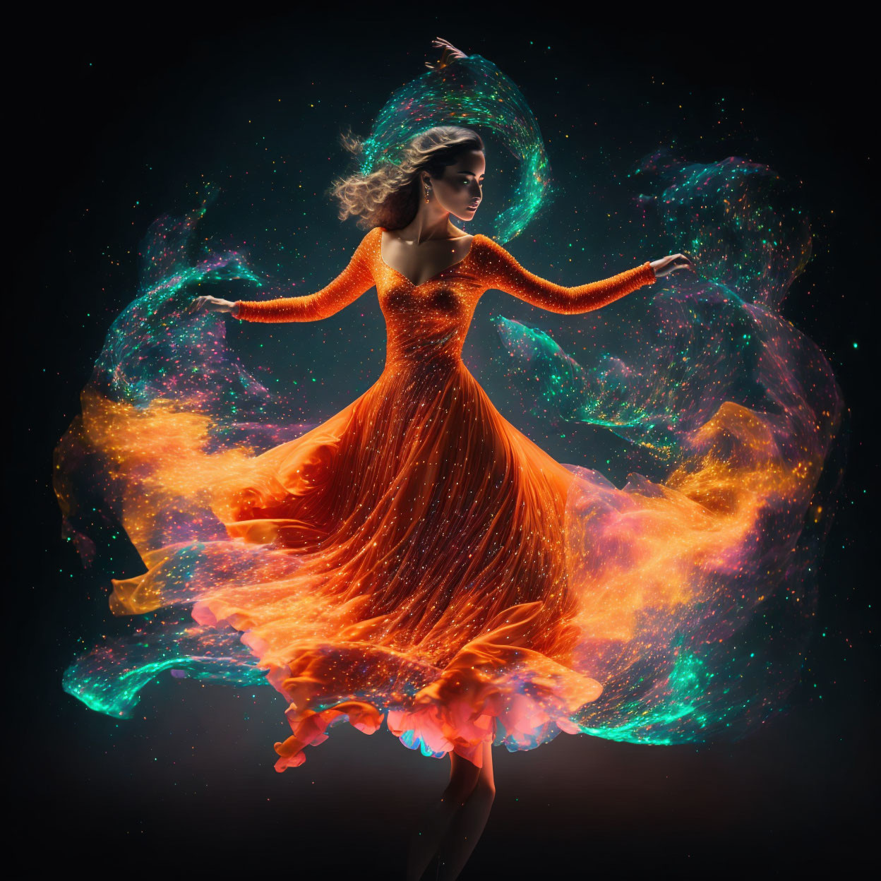 Woman in Orange Dress Surrounded by Dynamic Fire Particle Effects