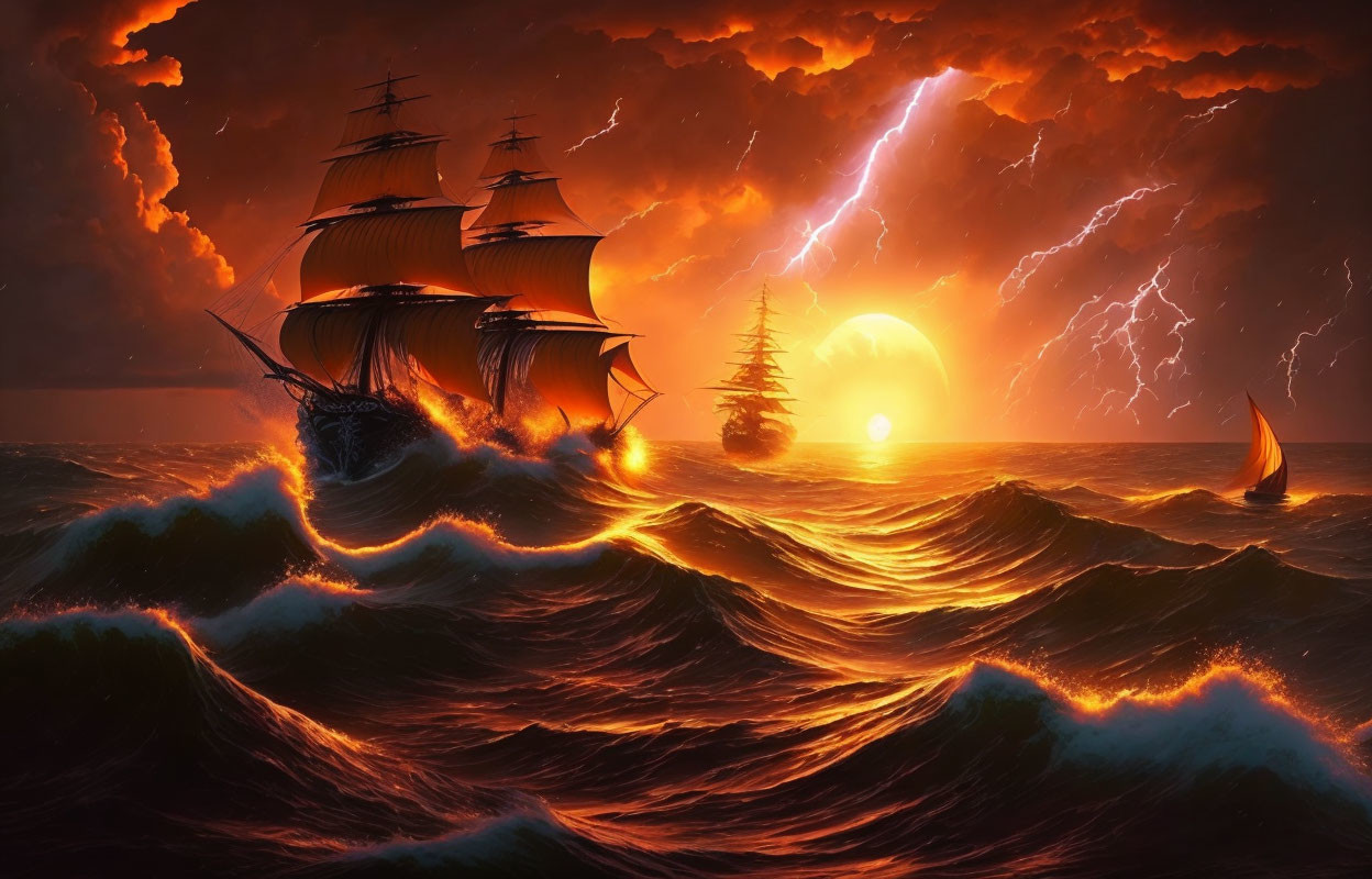 Dramatic seascape with sailing ships under stormy sky