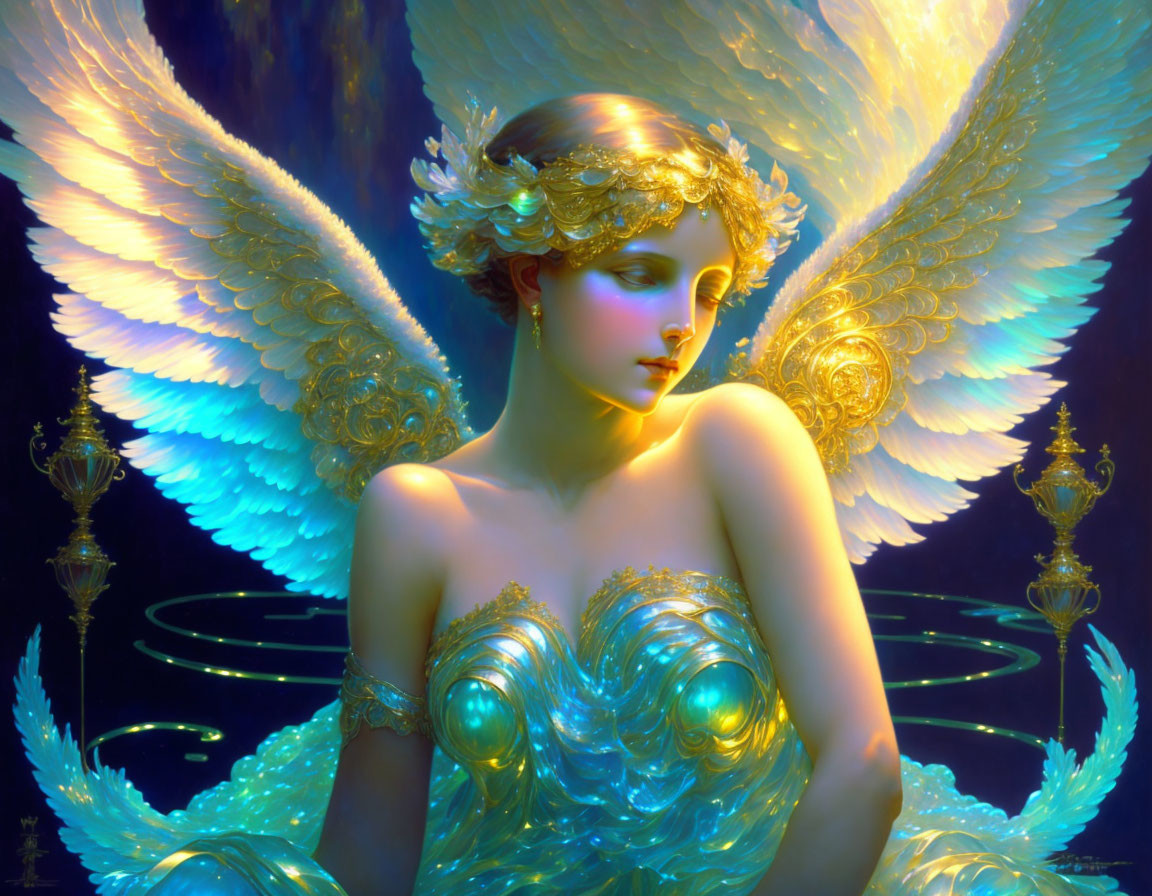 Ethereal figure with angelic wings in golden attire, surrounded by mystical blue glow and golden lamps