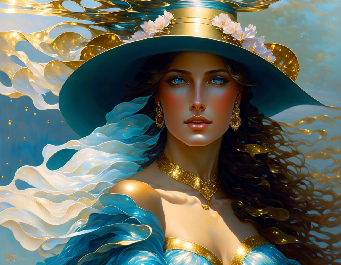 Digital artwork: Woman with flowing hair, wide-brimmed hat, golden jewelry, blue dress,