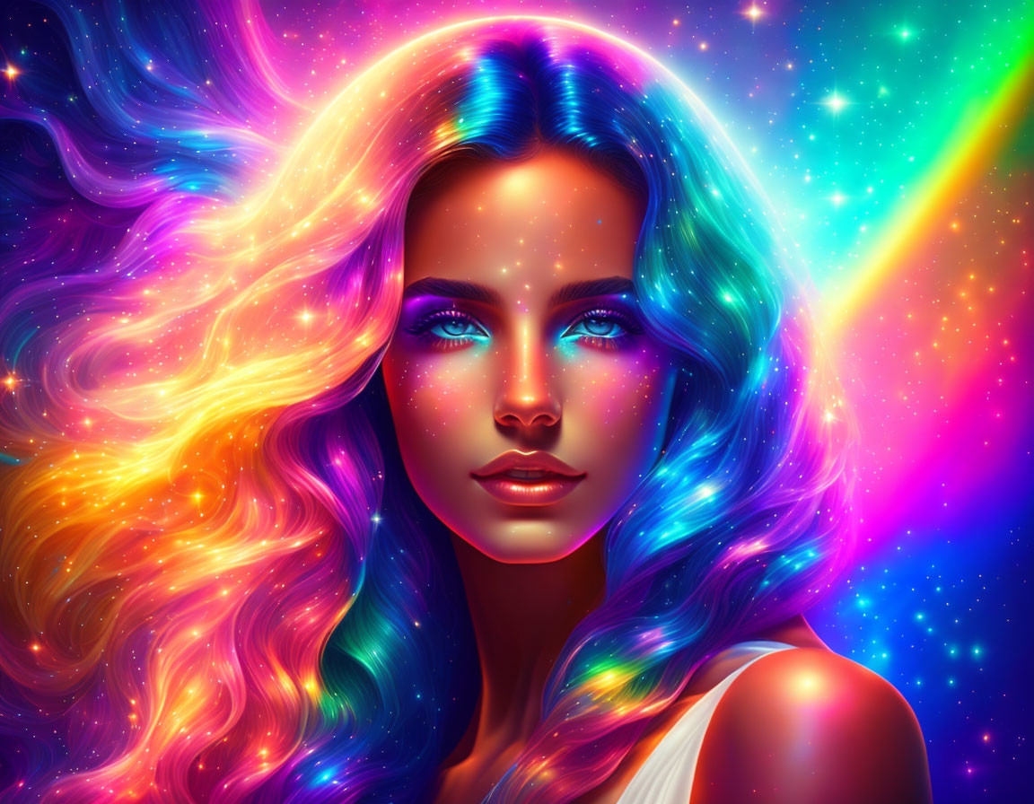 Colorful portrait of a woman with flowing hair in cosmic setting