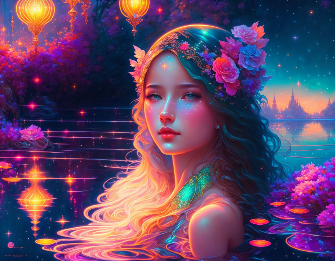 Digital artwork: Girl with glowing skin and blond hair in fantasy landscape.