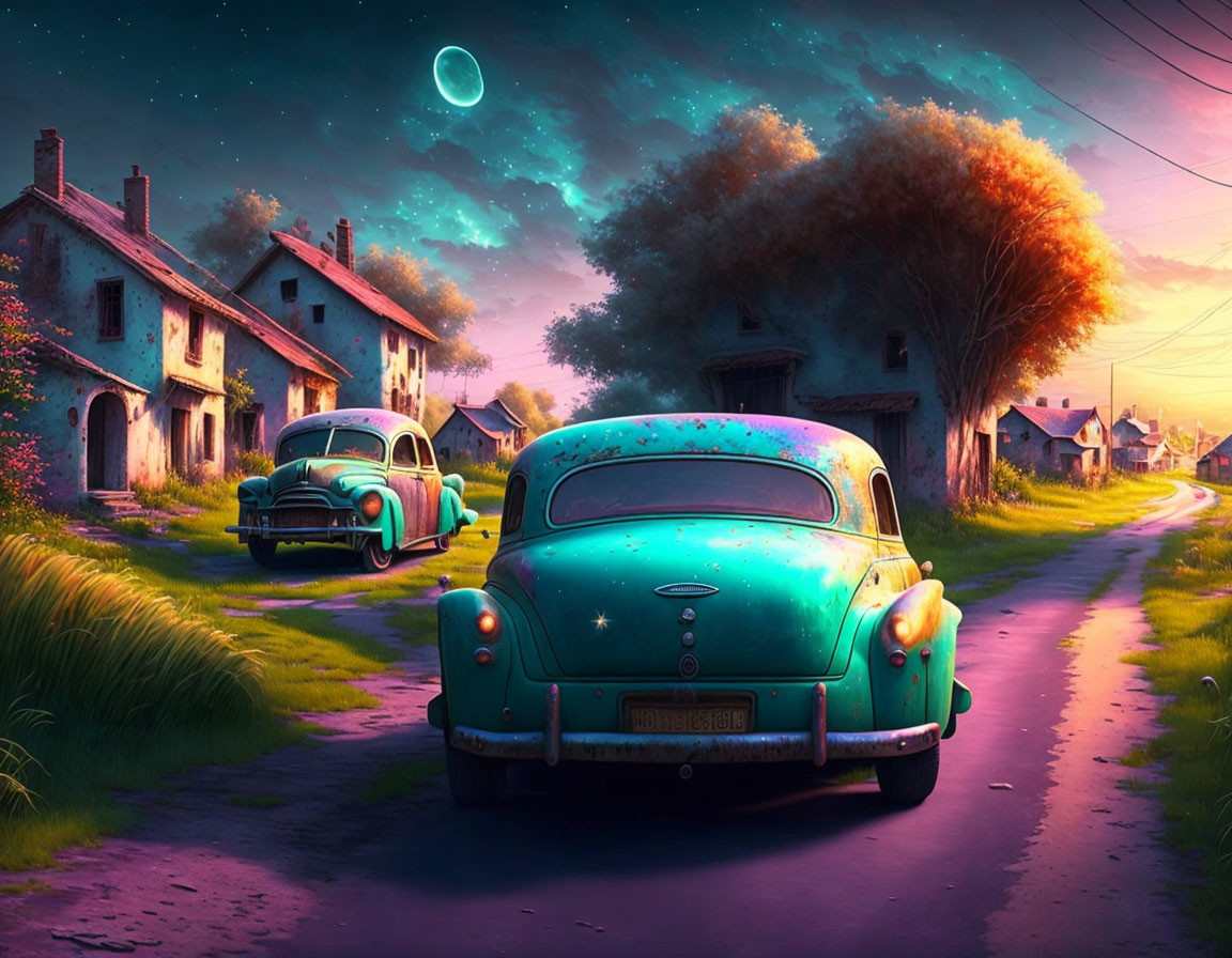 Vintage Cars Parked on Rural Road at Dusk with Colorful Houses