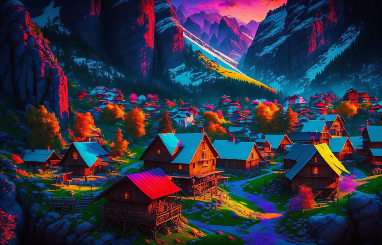 Illustration of vibrant mountain village at sunset