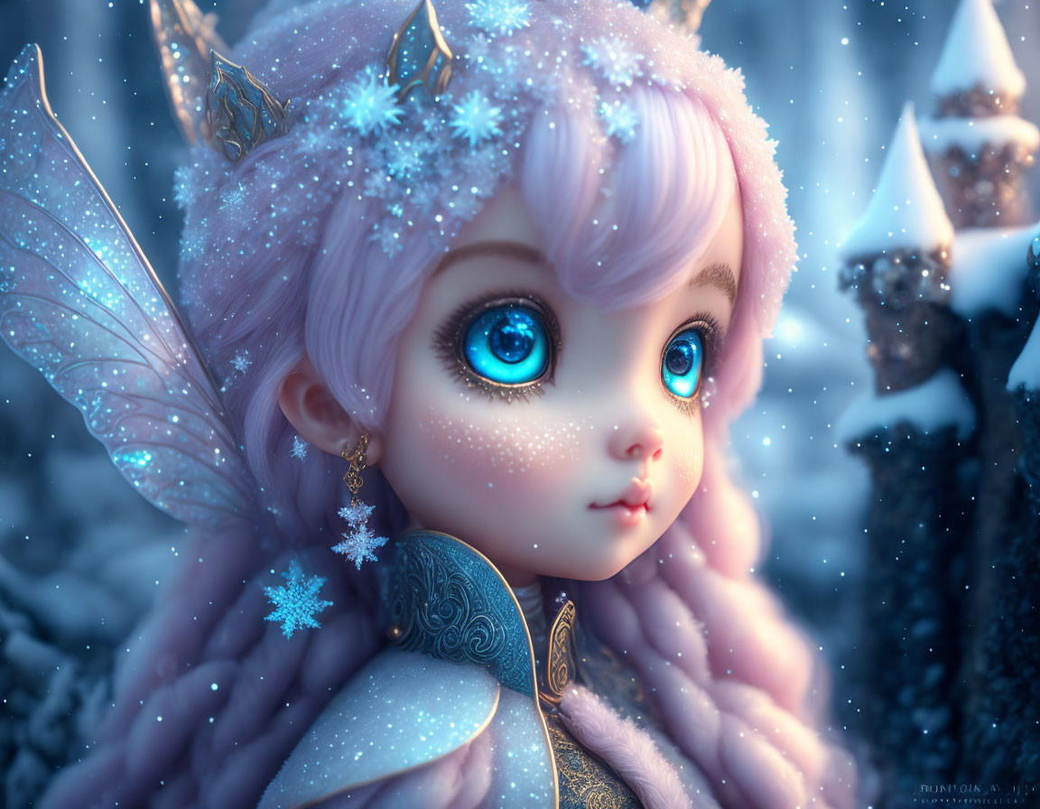 Illustrated fairy with blue eyes and pink hair in snowy landscape