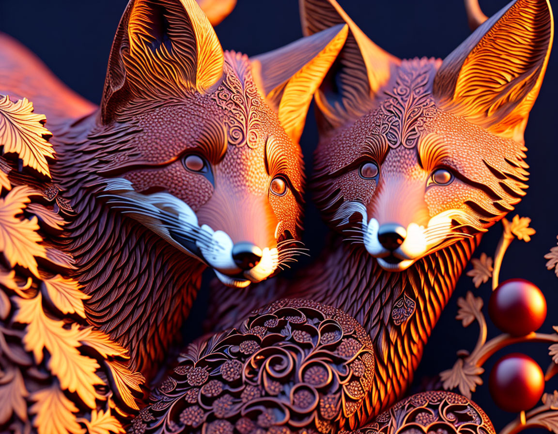 Intricately patterned orange foxes with glowing eyes in artistic style