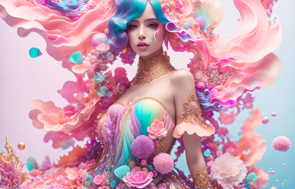 Vibrant surreal portrait of a woman with flowing hair and ornate dress against pastel backdrop