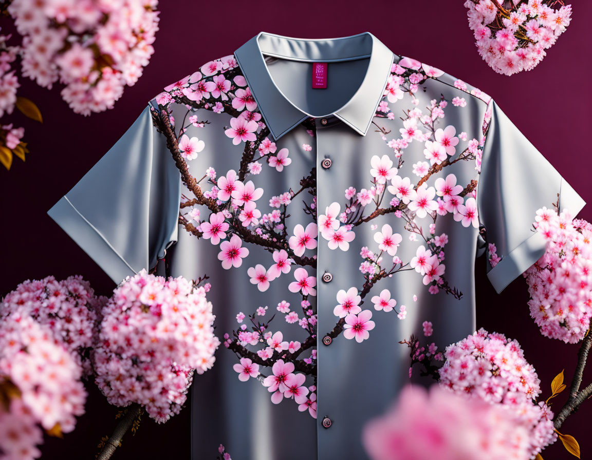 Purple Shirt with Cherry Blossom Print on Soft Pink Background