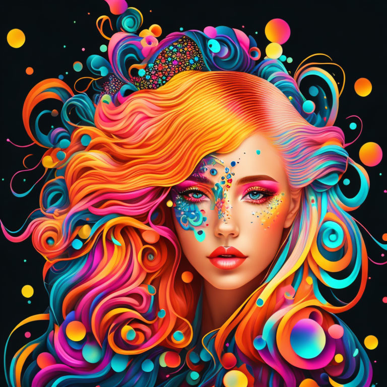 Colorful digital artwork: Woman with multicolored hair on dark background