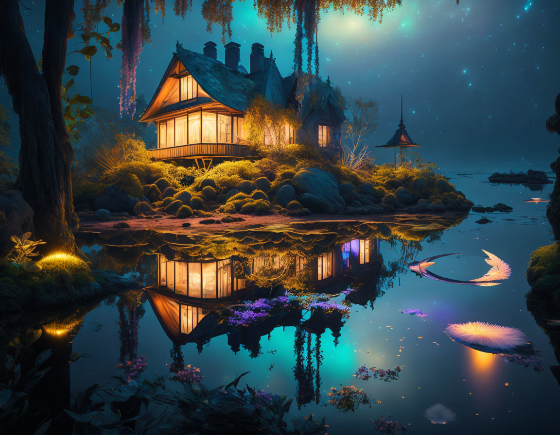 Cozy cottage beside calm river with starry sky and lush greenery