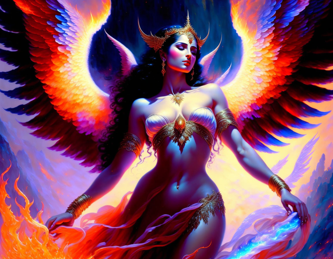 Mythical figure with fiery wings and ornate jewelry on blue backdrop