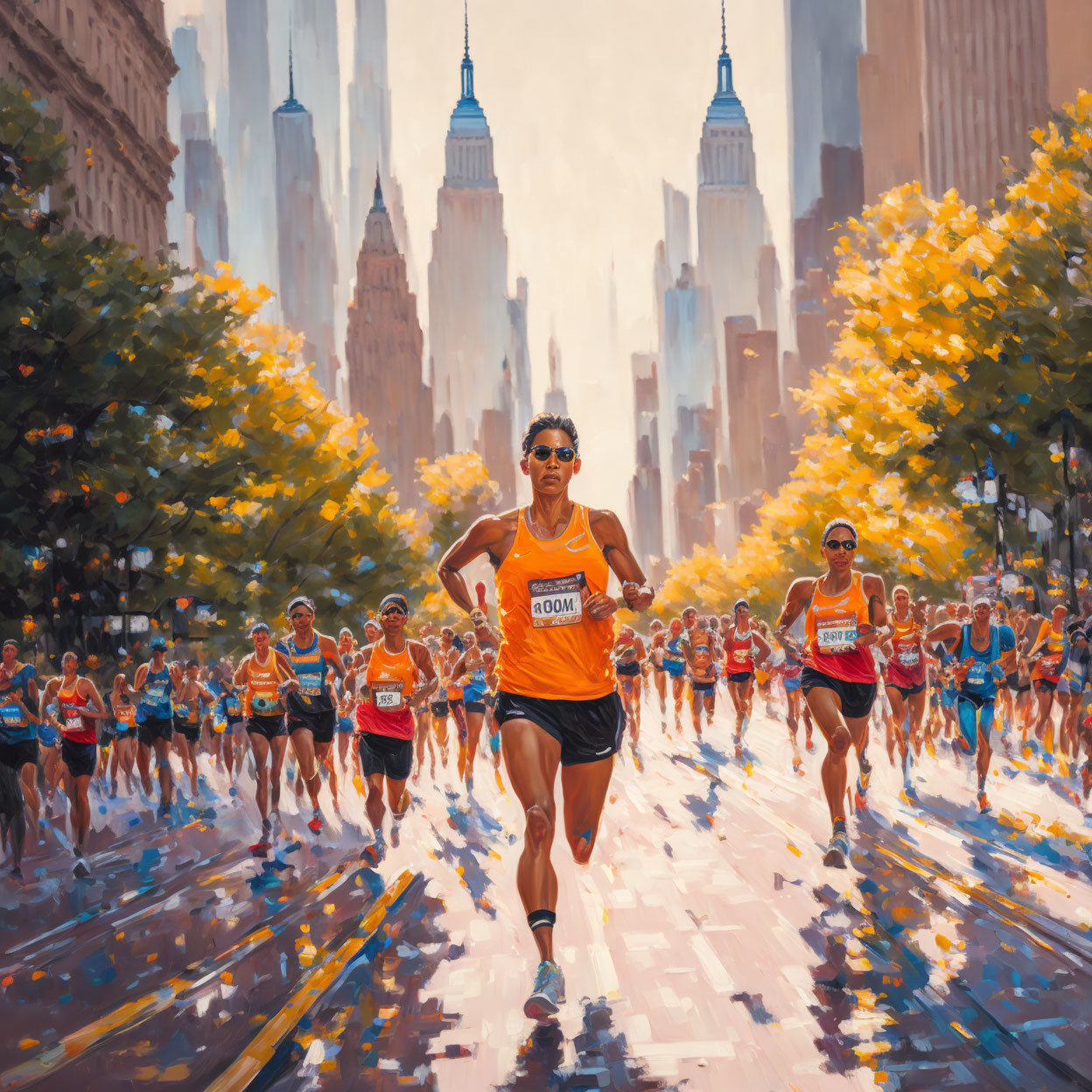 Colorful Marathon Painting: Lead Runner in Urban Setting