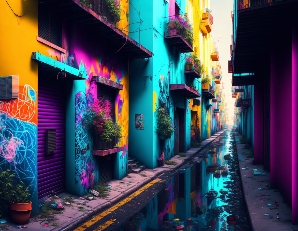 Colorful Alley with Graffiti Art and Reflections in Water Puddle