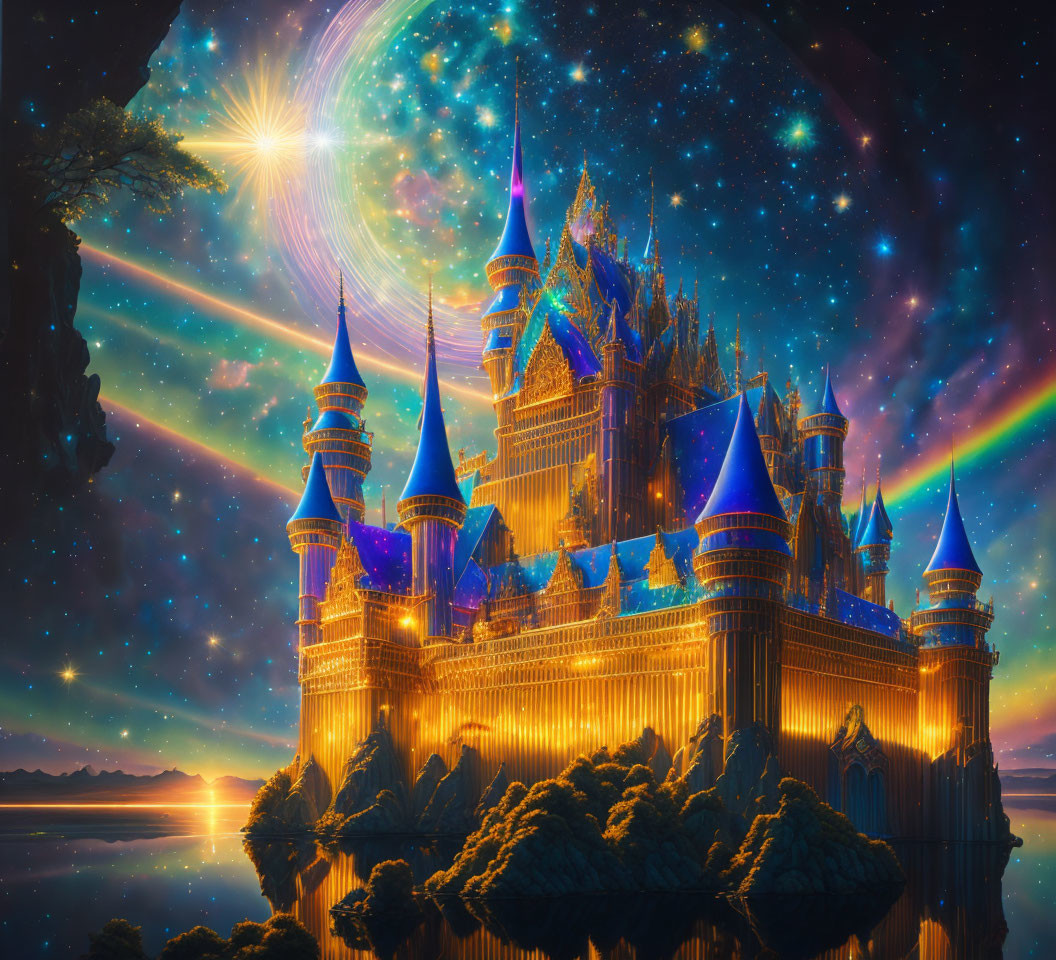 Fantastical castle with shimmering spires under starry sky and rainbow lake.