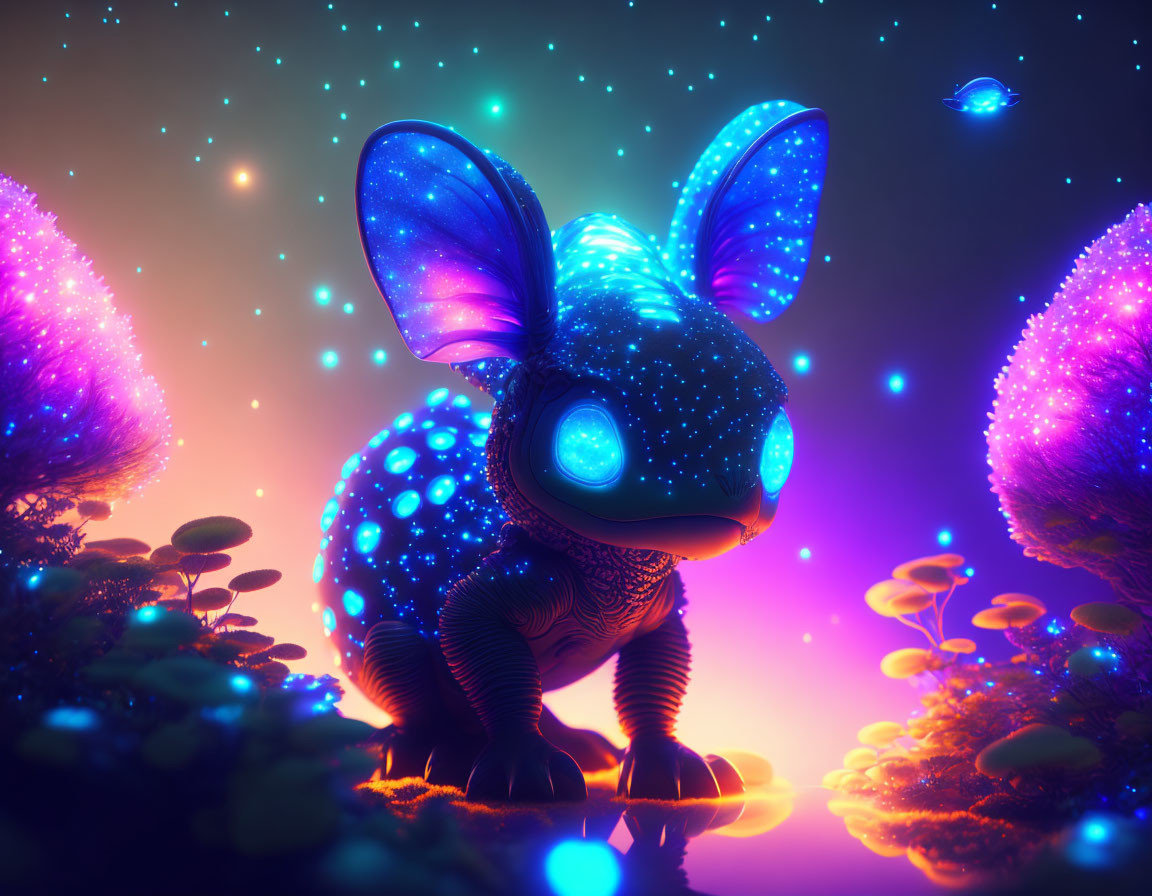 Fantastical creature with translucent wings in neon-lit alien landscape