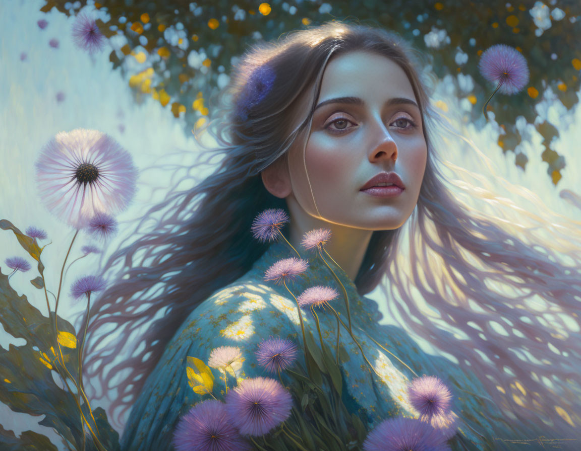 Woman with flowing hair among purple flowers in enchanted forest