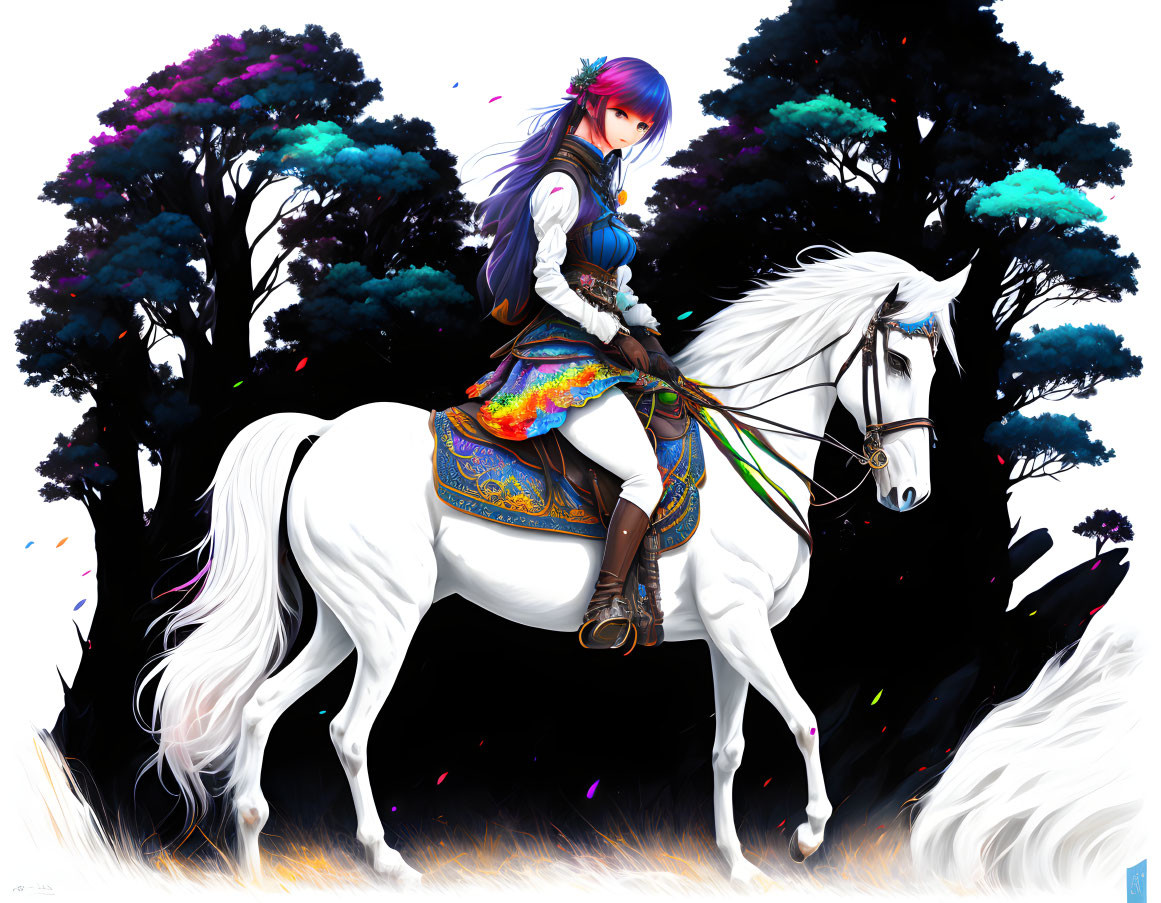 Vibrant illustration of person with purple hair on white horse amid colorful trees