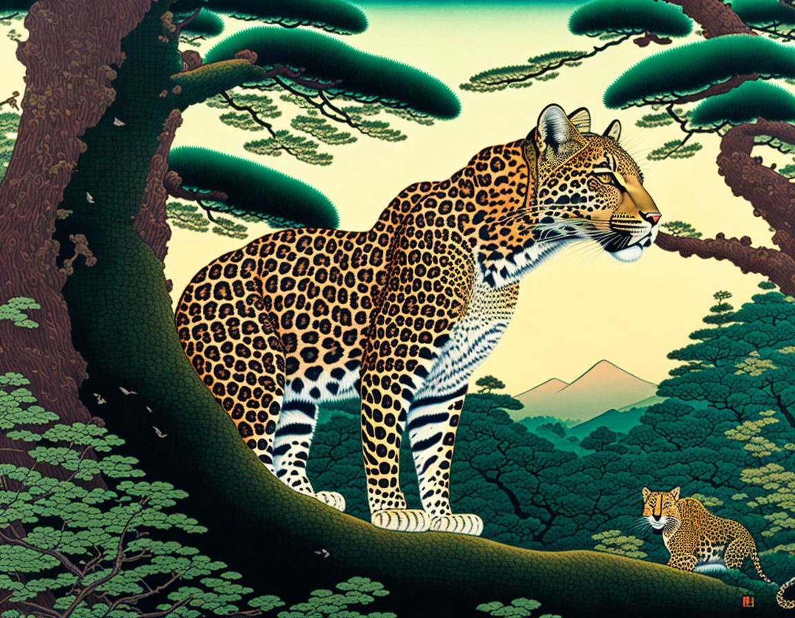 Leopard and Cub in Stylized Forest Scene