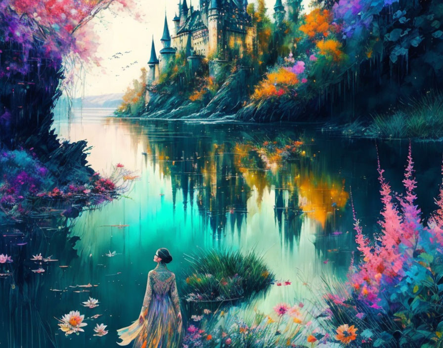 Colorful Artwork: Woman by Lake with Fairy Tale Castle