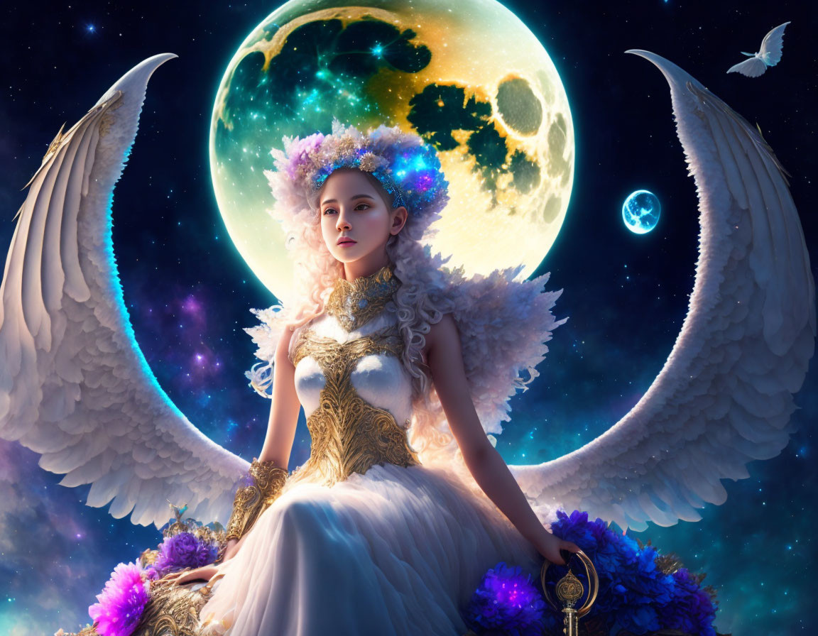 Fantasy winged angelic figure in elaborate attire under celestial moon