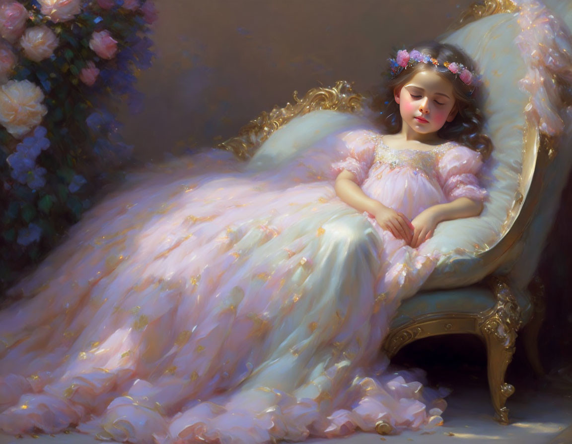 Young girl in pastel dress and flower crown sleeping on ornate couch in dreamy setting.