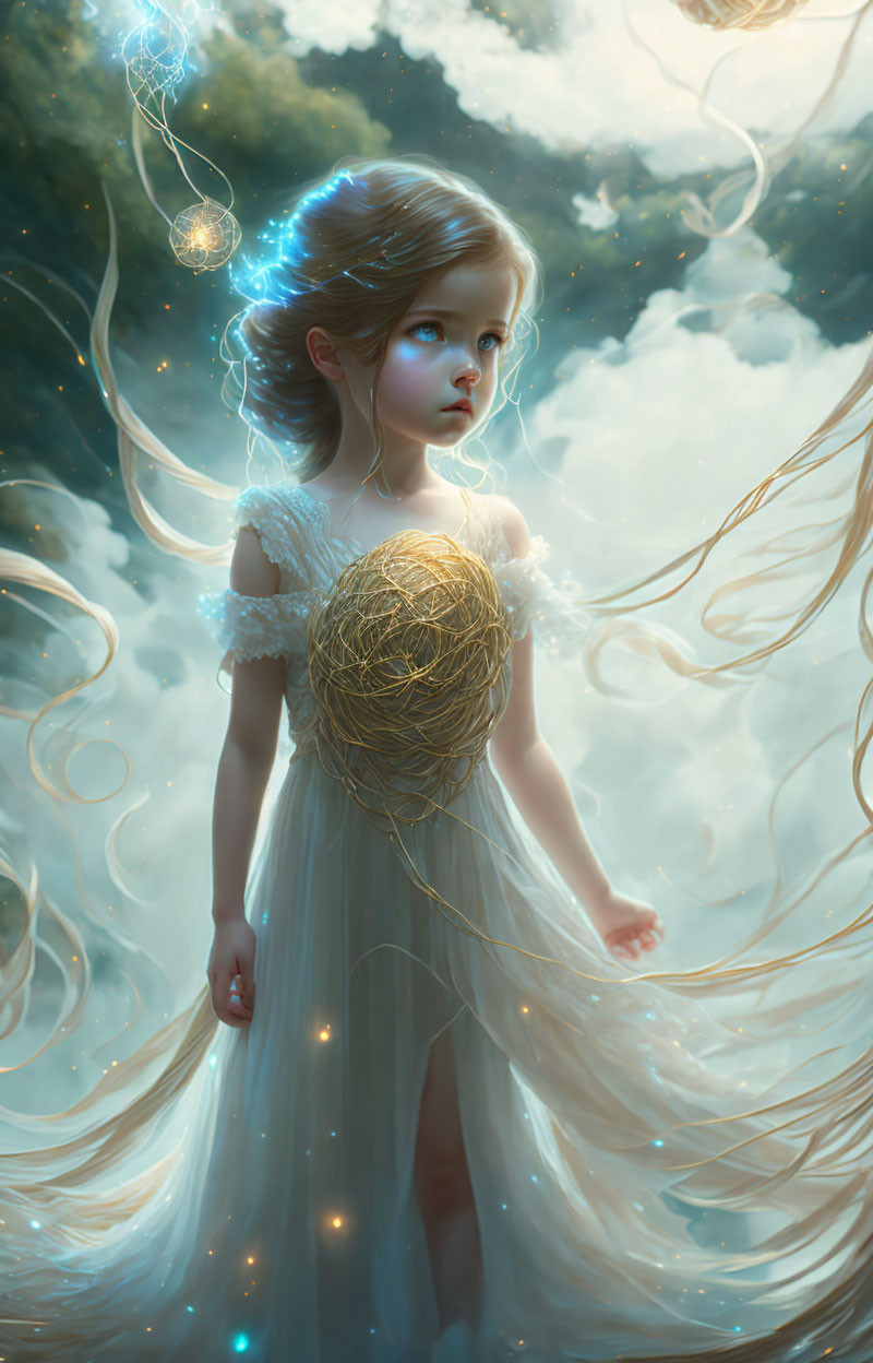 Young girl with glowing nest under ethereal sky amid gold strands