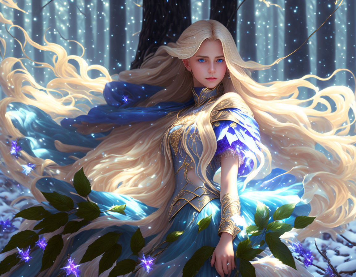 Blonde Woman in Blue Clothing in Mystical Forest