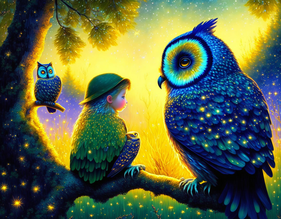 Whimsical artwork of girl and vibrant owls in starry night