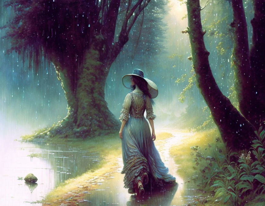 Woman in vintage dress and wide-brimmed hat in misty forest with ethereal light.