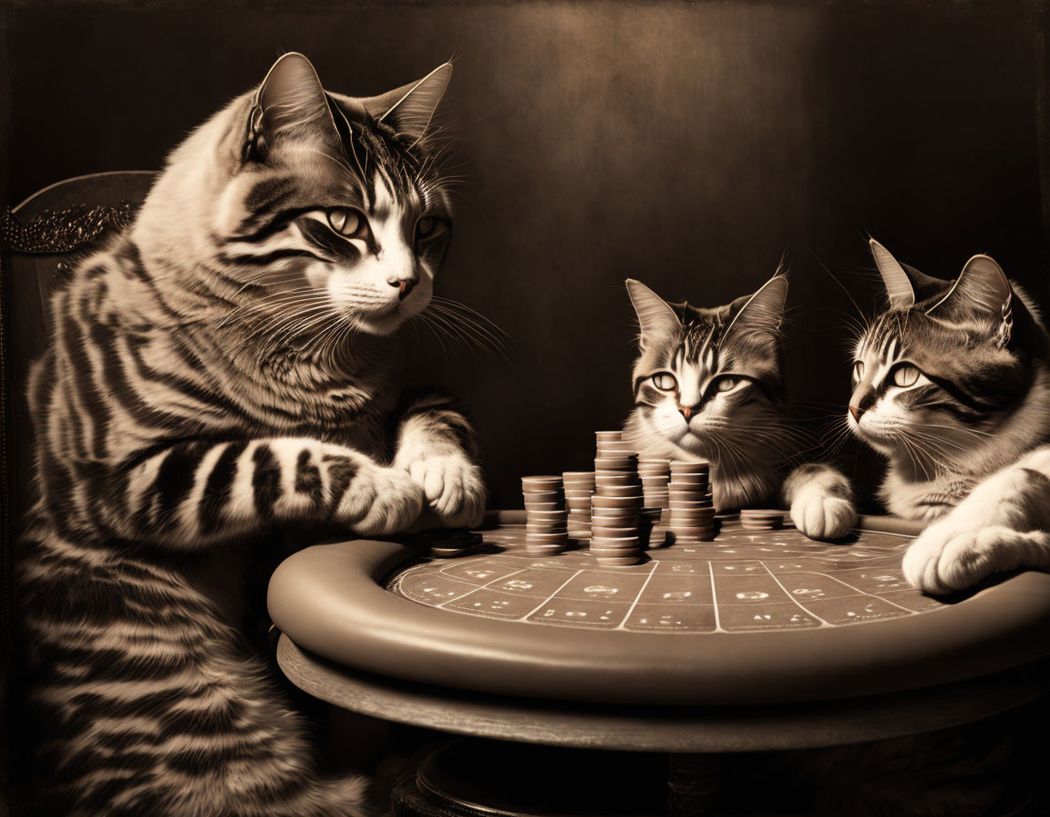 Three cats at vintage poker game with winged cat, tower of chips