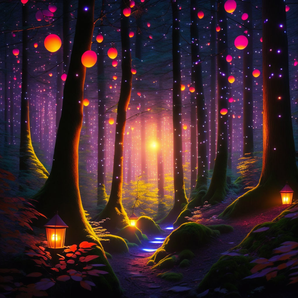 Twilight forest scene with glowing orbs, lanterns, and meandering stream