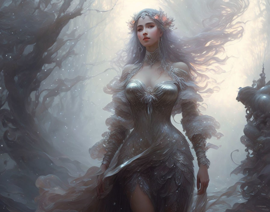 Ethereal woman in flowing gray gown among misty, twisting trees