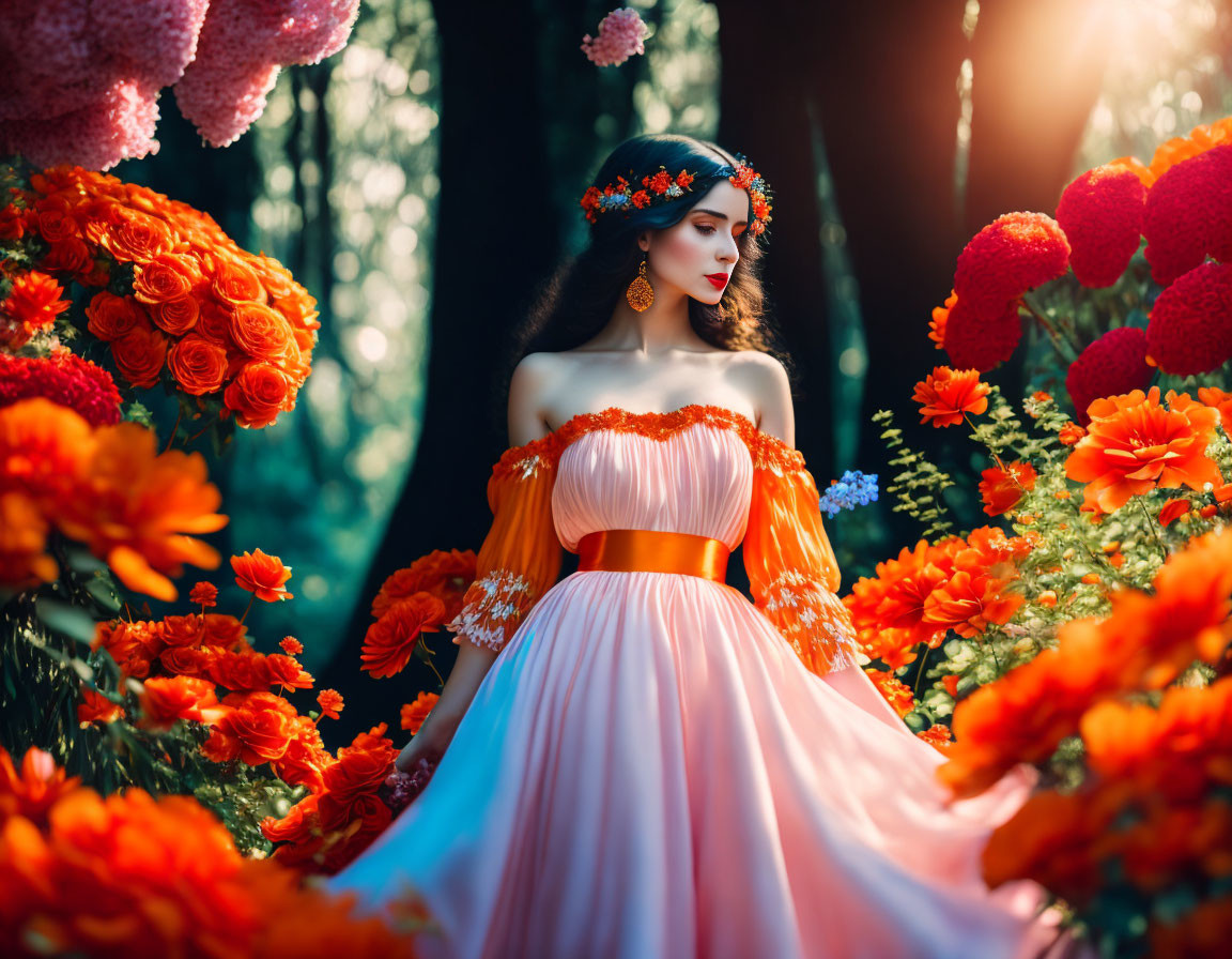 Woman in Vibrant Orange and Pink Gown Surrounded by Lush Flowers