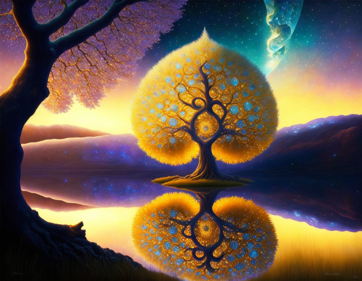 Vibrant painting of tree with golden leaves reflected on water under starry night sky