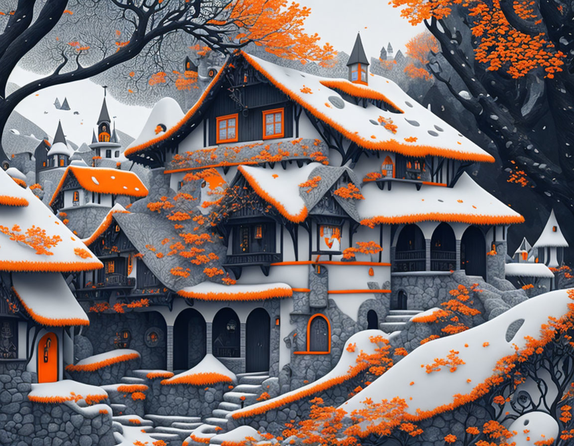 Snow-covered cottage in winter village with orange-leafed trees