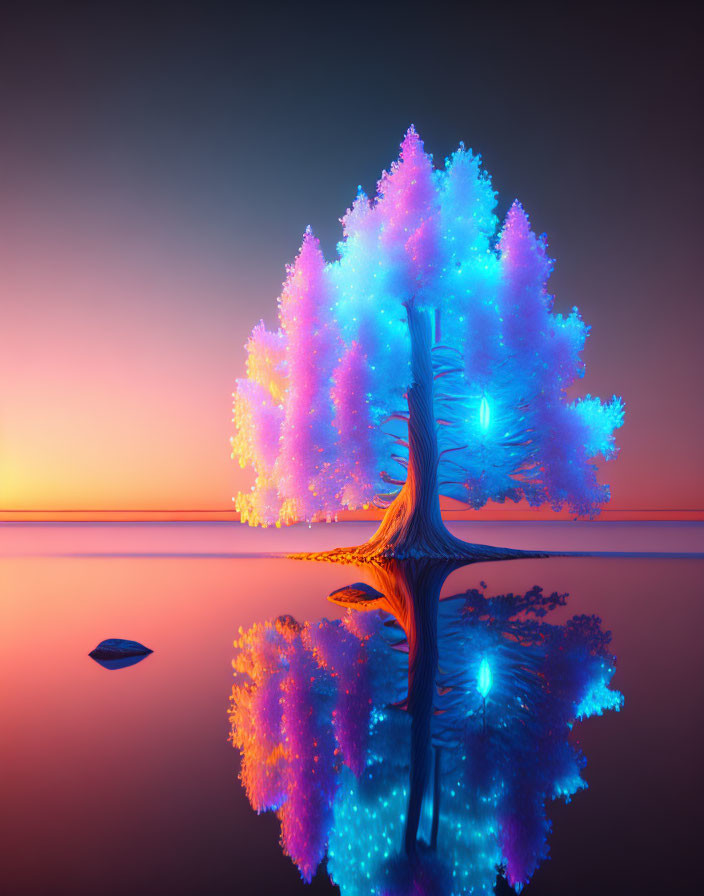 Vibrant illuminated tree with blue and purple leaves reflecting on tranquil water at sunset