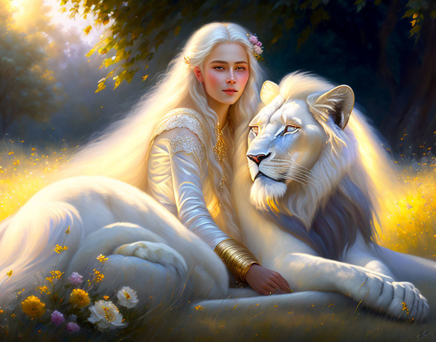 Ethereal woman with white hair beside majestic white lion in sunlit forest.