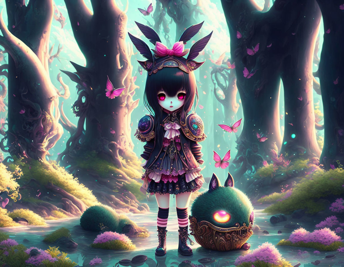 Dark-haired girl in gothic attire with creature in magical forest.