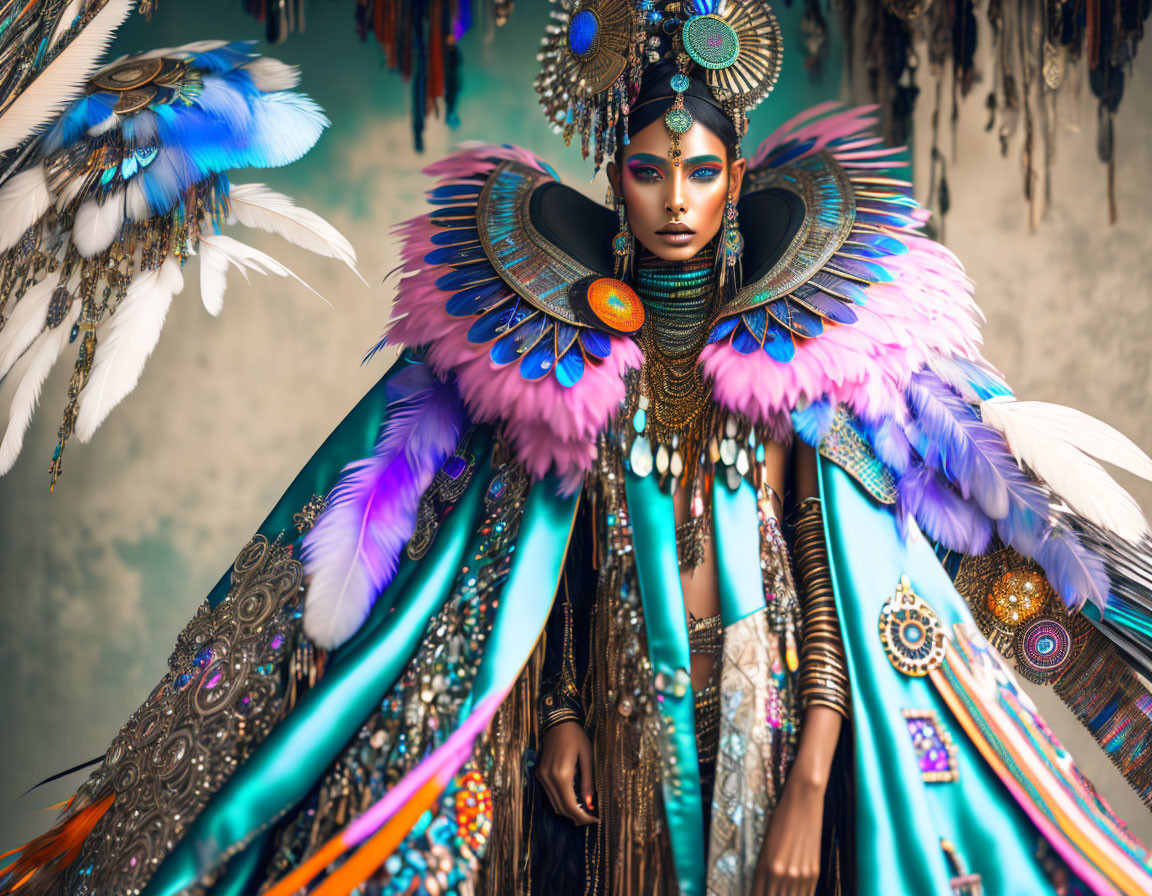 Elaborate costume with vibrant feathers and ornate jewelry.