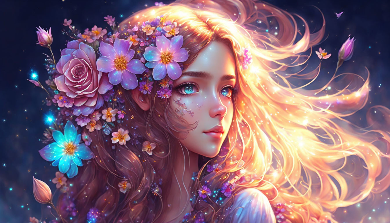 Fantasy portrait of woman with golden hair and flowers under starry sky