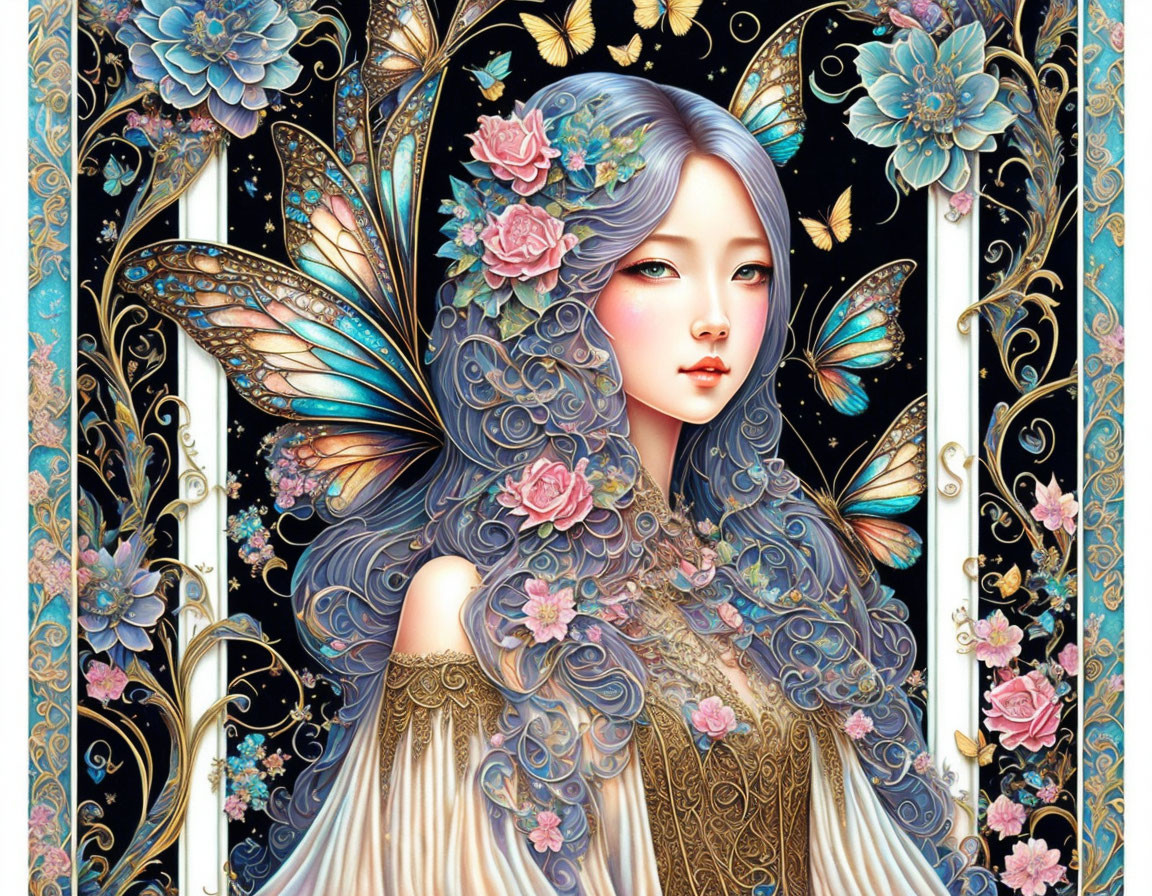 Fantasy digital art: Woman with butterfly wings among roses & Art Nouveau patterns