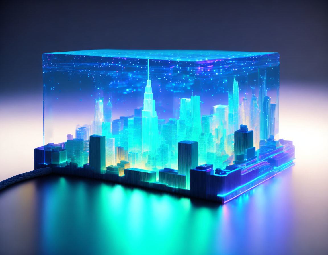 Cityscape laser-etched glass art with blue and green gradient on dark background