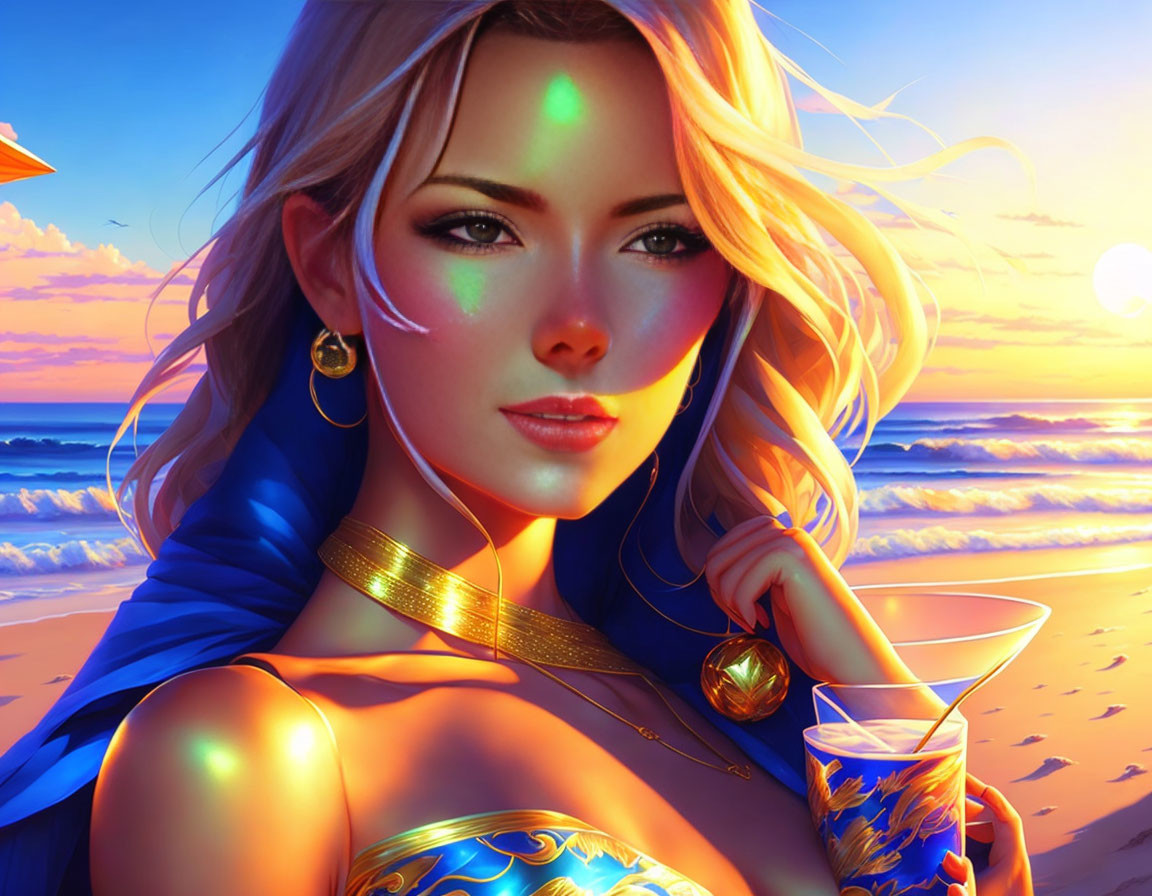 Blonde woman in blue and gold outfit with sunset beach background