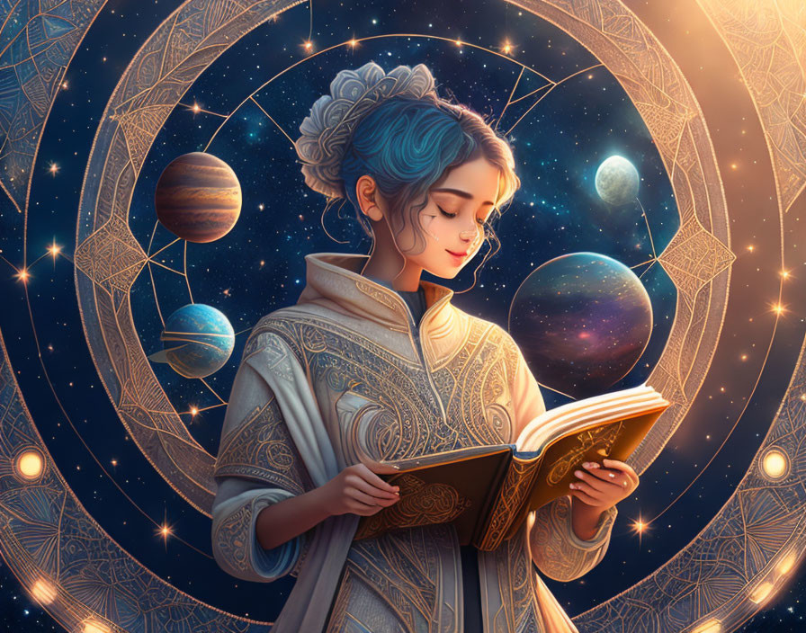 Blue-haired woman reading book in cosmic setting with planets, stars, and geometric patterns.